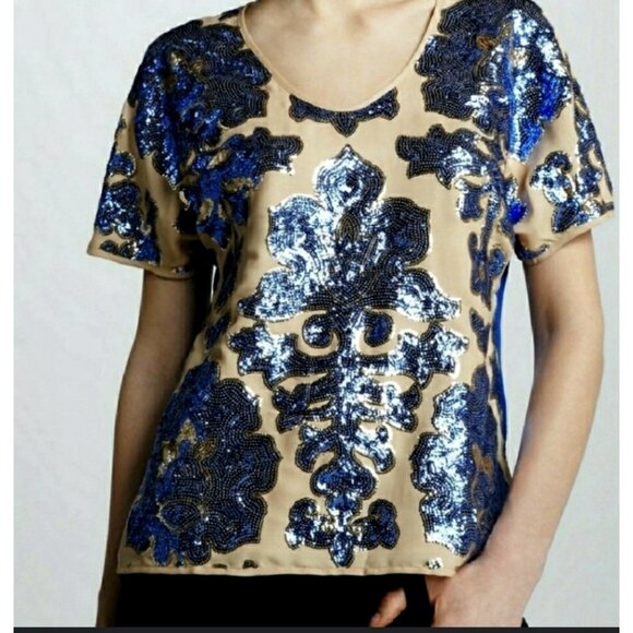 Tracy Reese Neiman Marcus Blue Gold Sequin Top M Medium Holiday Party - Picture 2 of 7